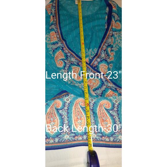 Chicos Caftan Sheer Top Womens Large Turquoise Beaded Boho Flowy Hi Low Shimmery - Picture 11 of 16